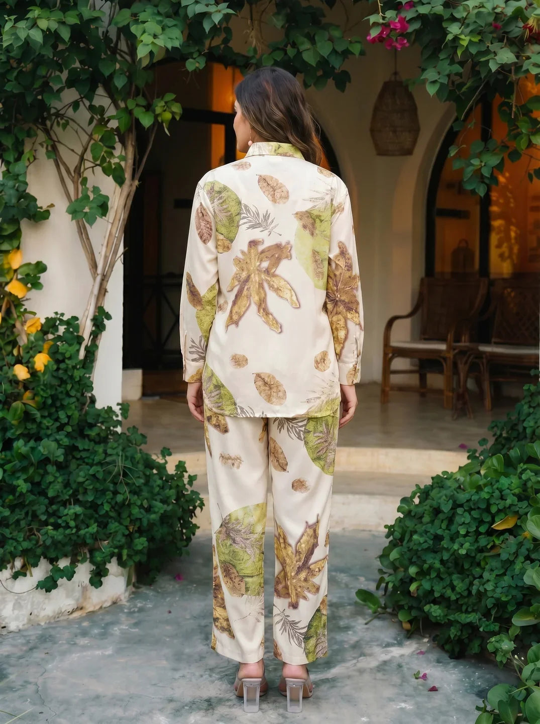 Beige Jungle Print Embellished Co-ord Set