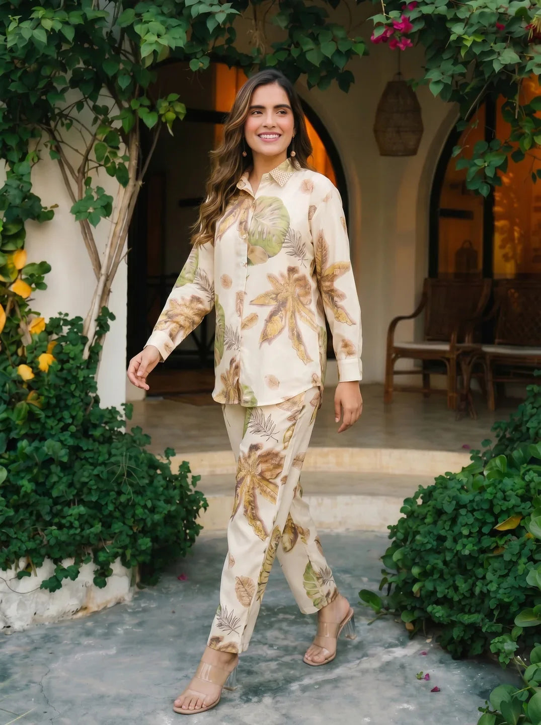 Beige Jungle Print Embellished Co-ord Set