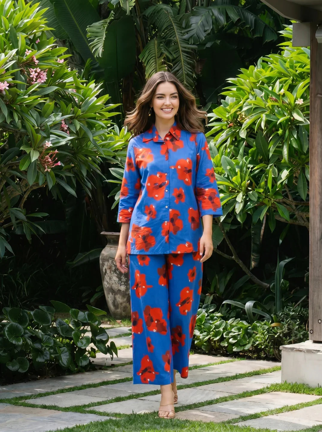 Abstract Floral Shirt Collar Co-ord Set in Cotton Cambric