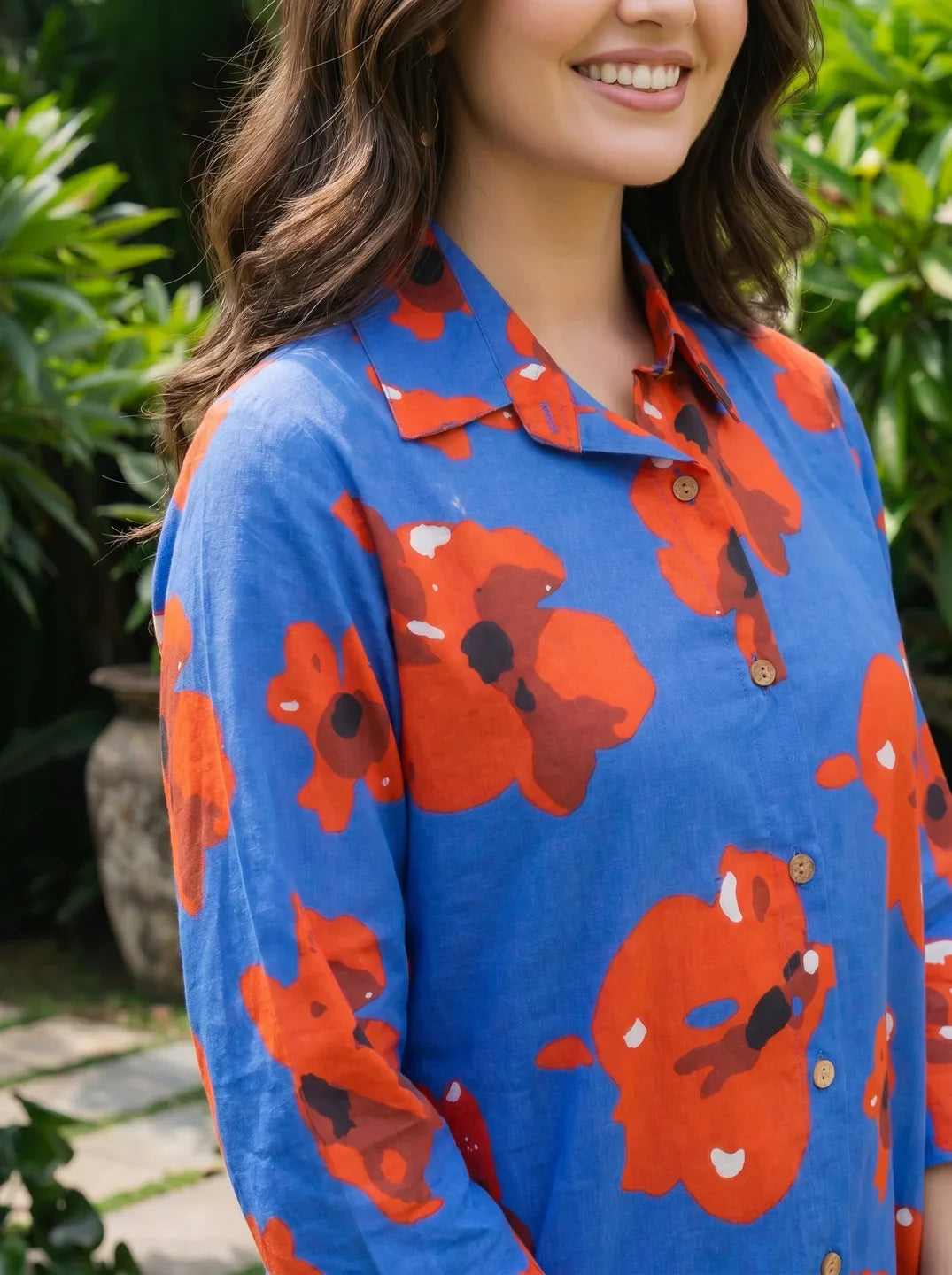 Abstract Floral Shirt Collar Co-ord Set in Cotton Cambric