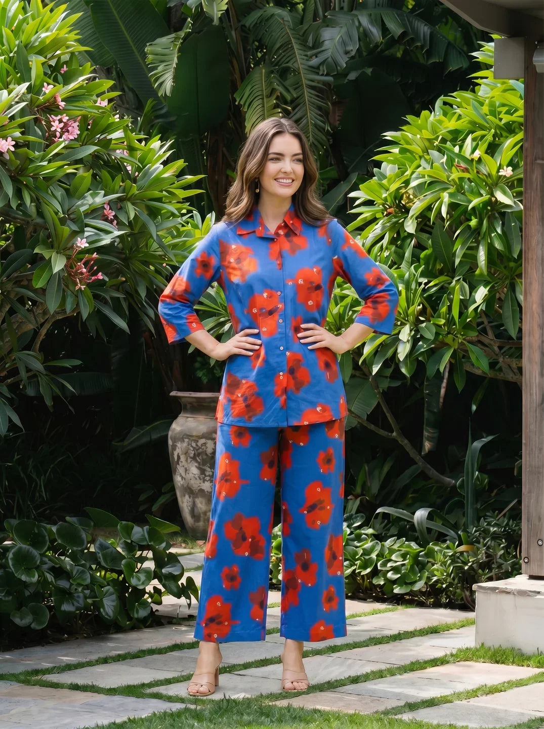 Abstract Floral Shirt Collar Co-ord Set in Cotton Cambric