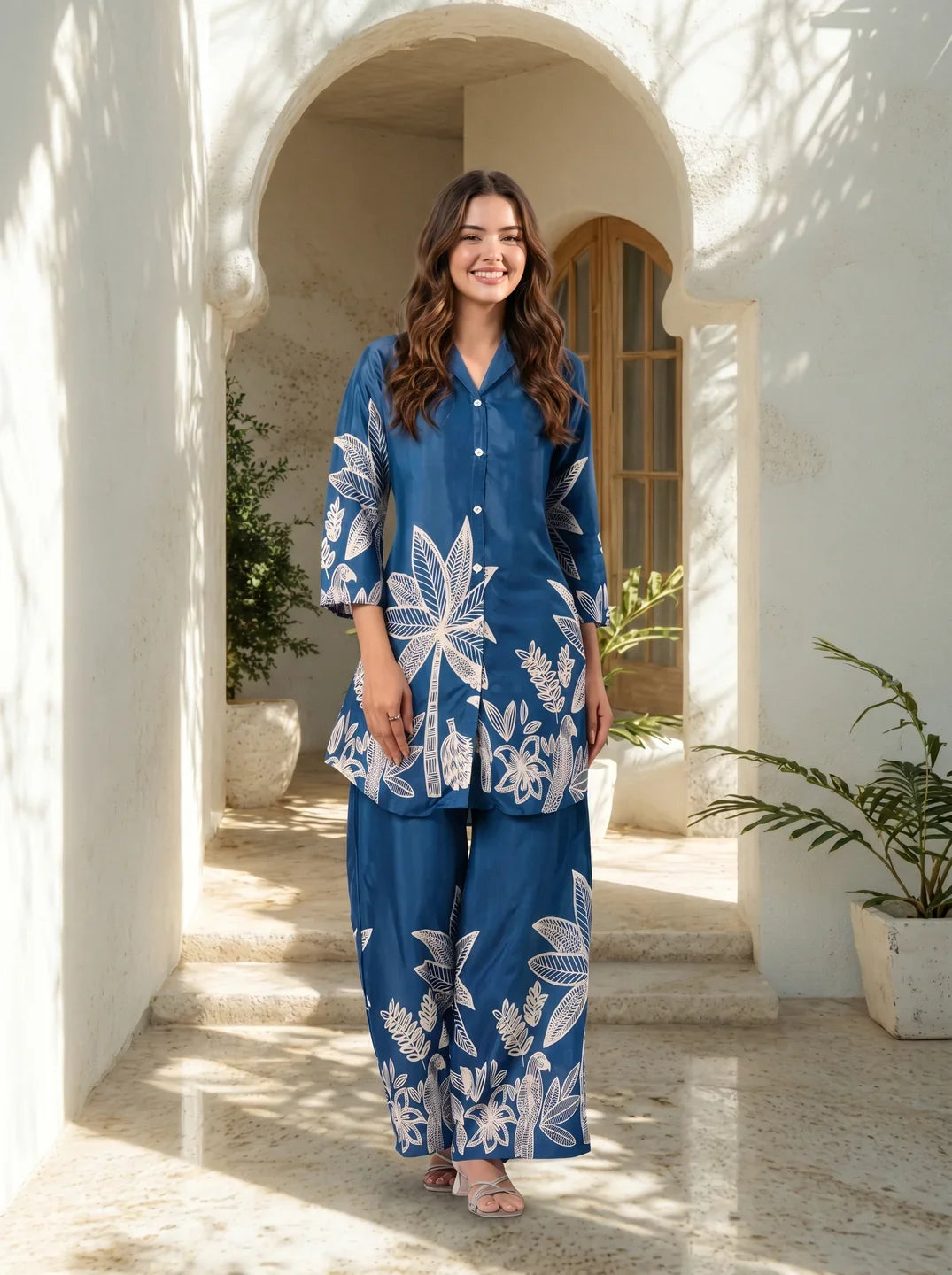 Blue Bold Palm Russian Silk Print Co-Ord Set