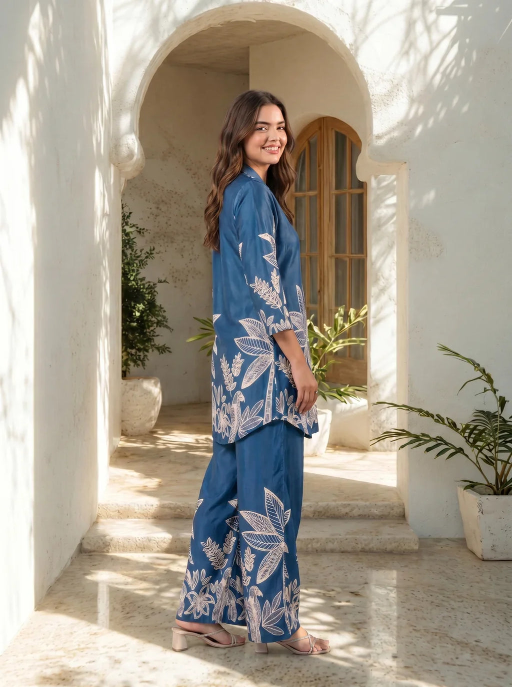 Blue Bold Palm Russian Silk Print Co-Ord Set