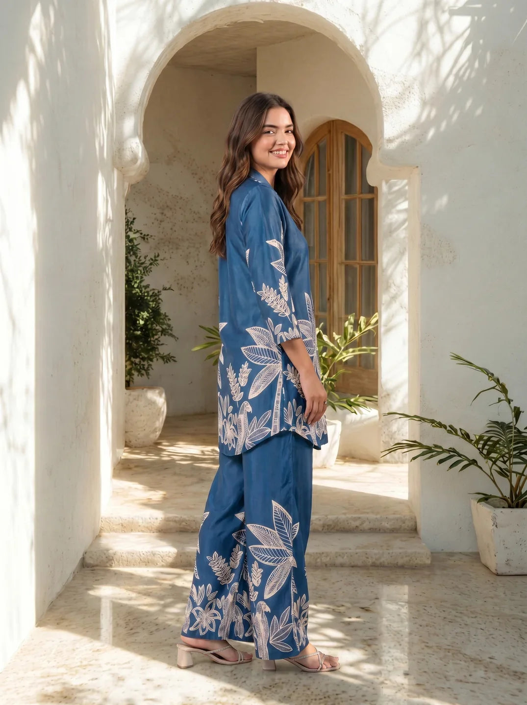 Blue Bold Palm Russian Silk Print Co-Ord Set