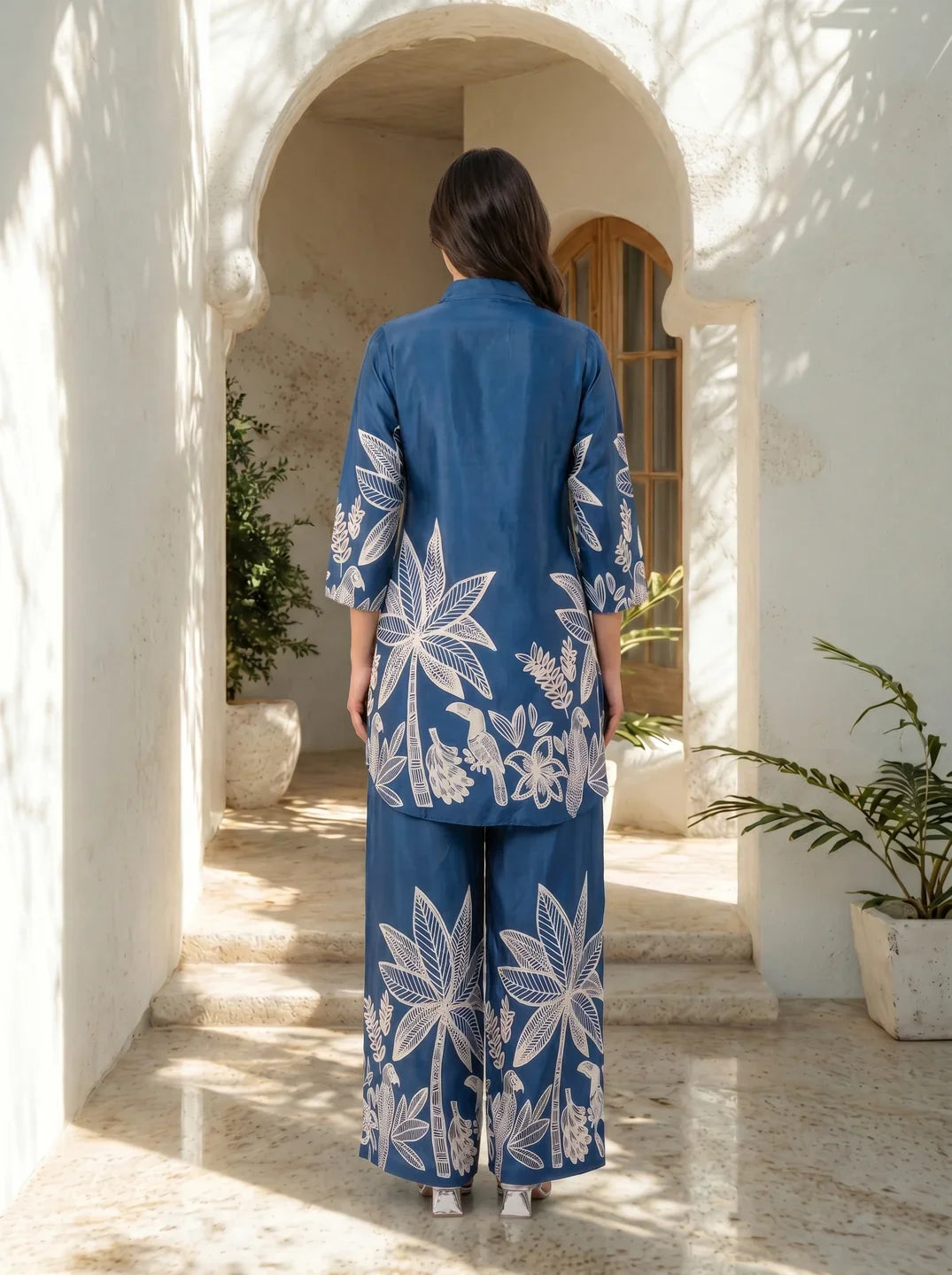 Blue Bold Palm Russian Silk Print Co-Ord Set