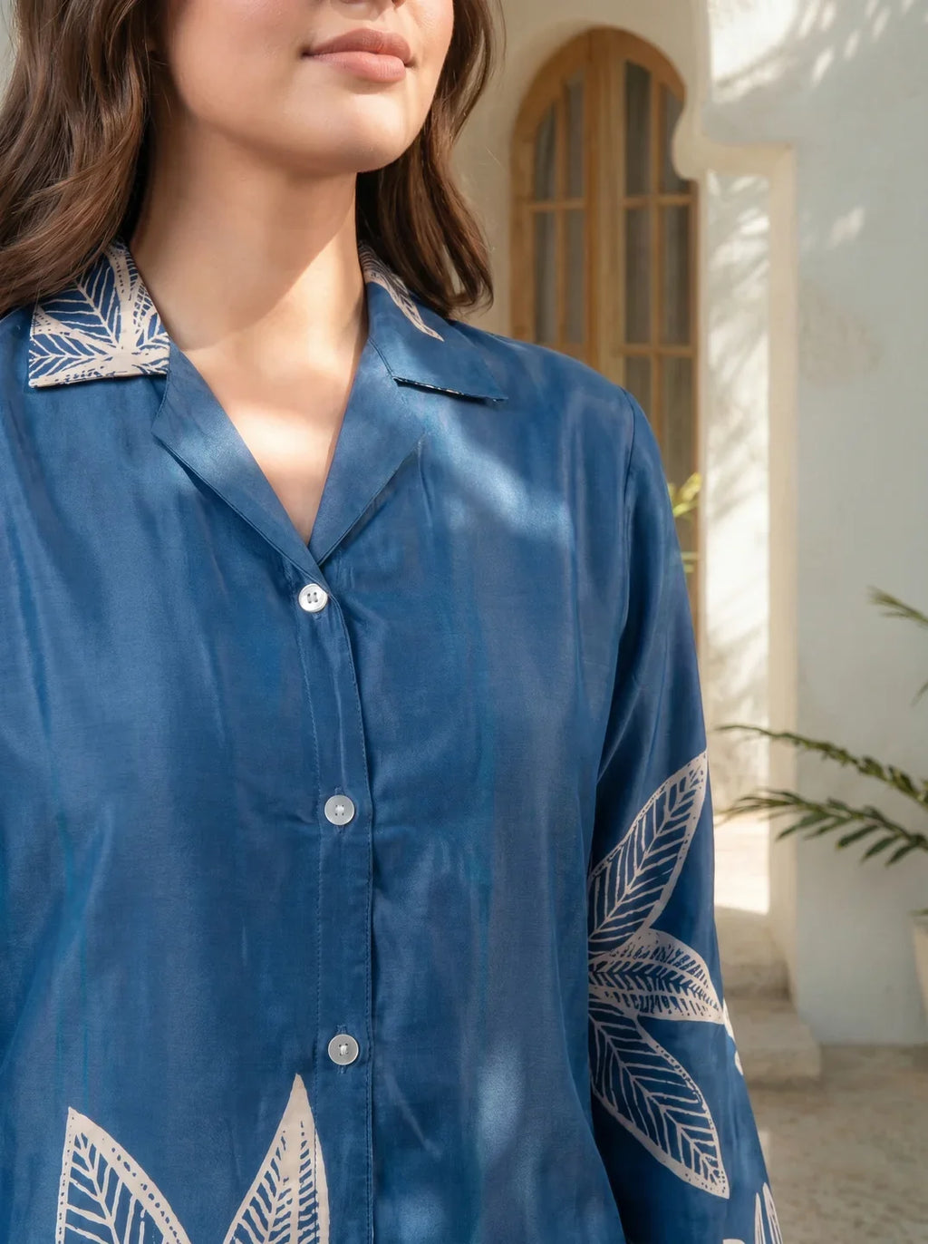 Blue Bold Palm Russian Silk Print Co-Ord Set