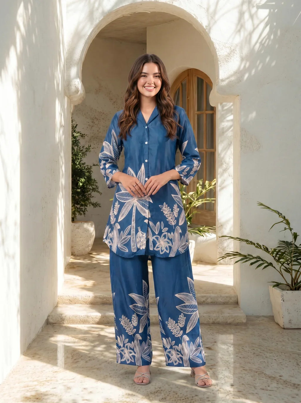 Blue Bold Palm Russian Silk Print Co-Ord Set