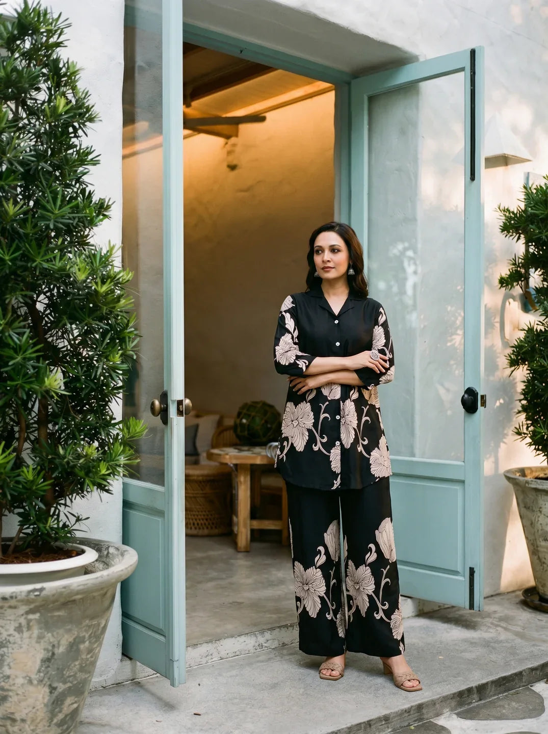 Black Floral Placement Print Co-ord Set in Russian Silk