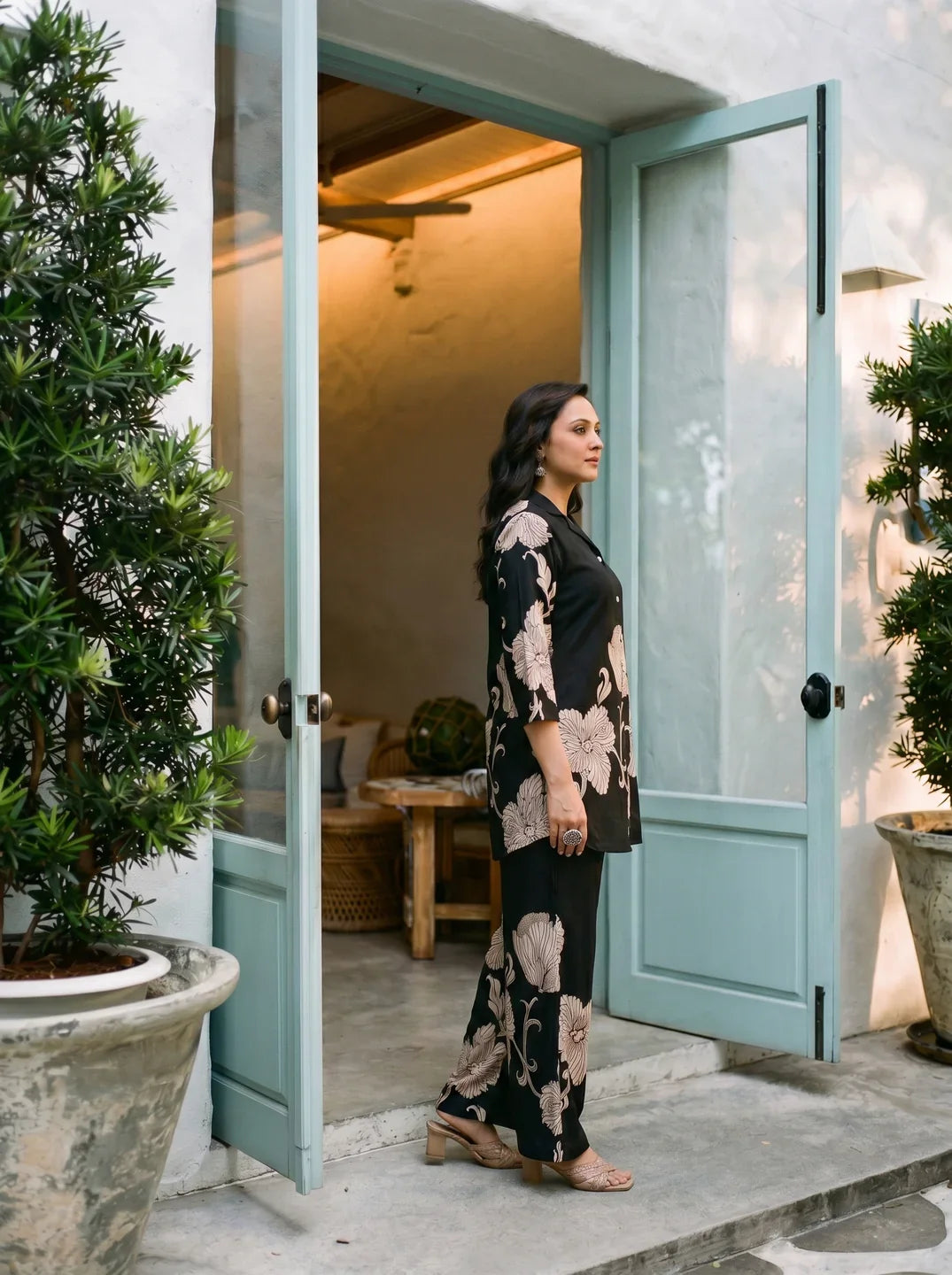 Black Floral Placement Print Co-ord Set in Russian Silk