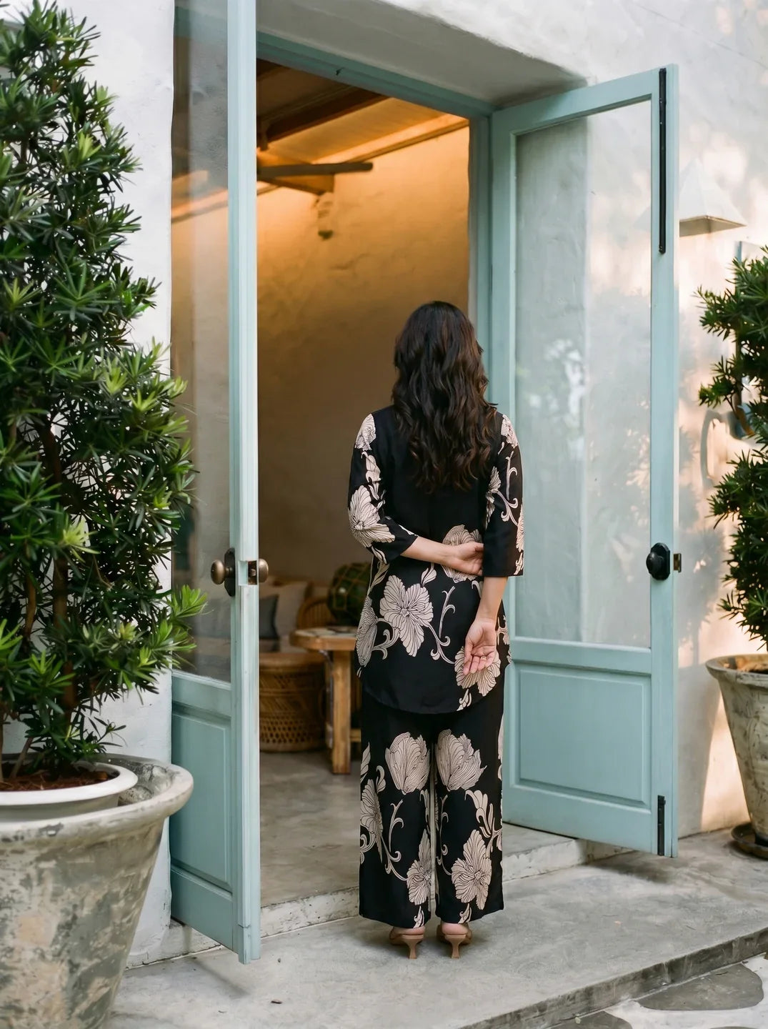Black Floral Placement Print Co-ord Set in Russian Silk
