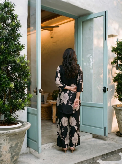 Black Floral Placement Print Co-ord Set in Russian Silk
