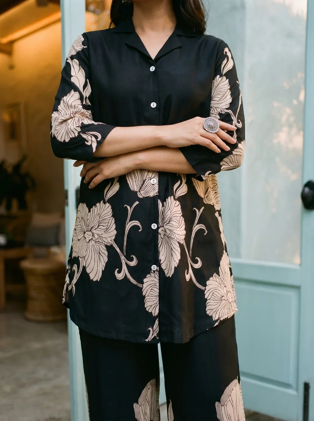 Black Floral Placement Print Co-ord Set in Russian Silk