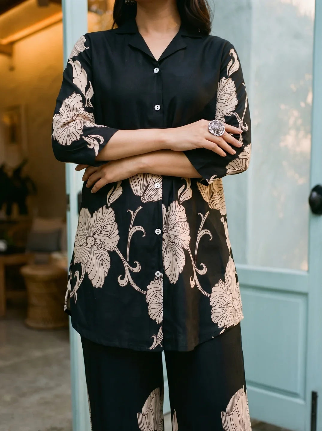 Black Floral Placement Print Co-ord Set in Russian Silk