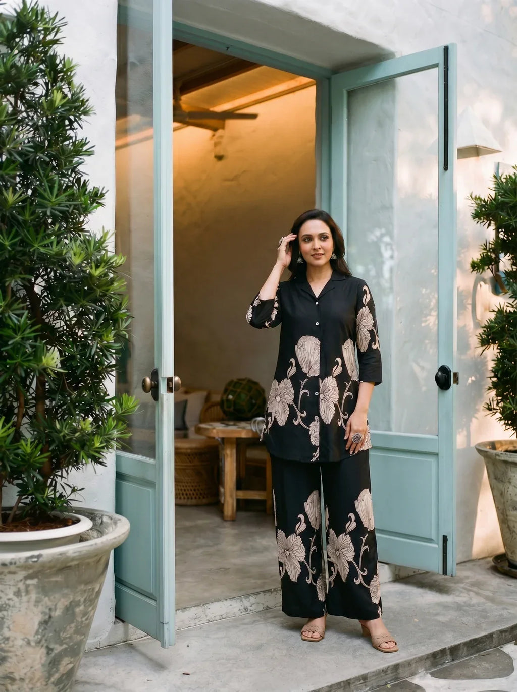 Black Floral Placement Print Co-ord Set in Russian Silk
