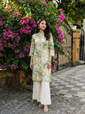 Off White Scenic Birds Printed Kurta With Flared Pants