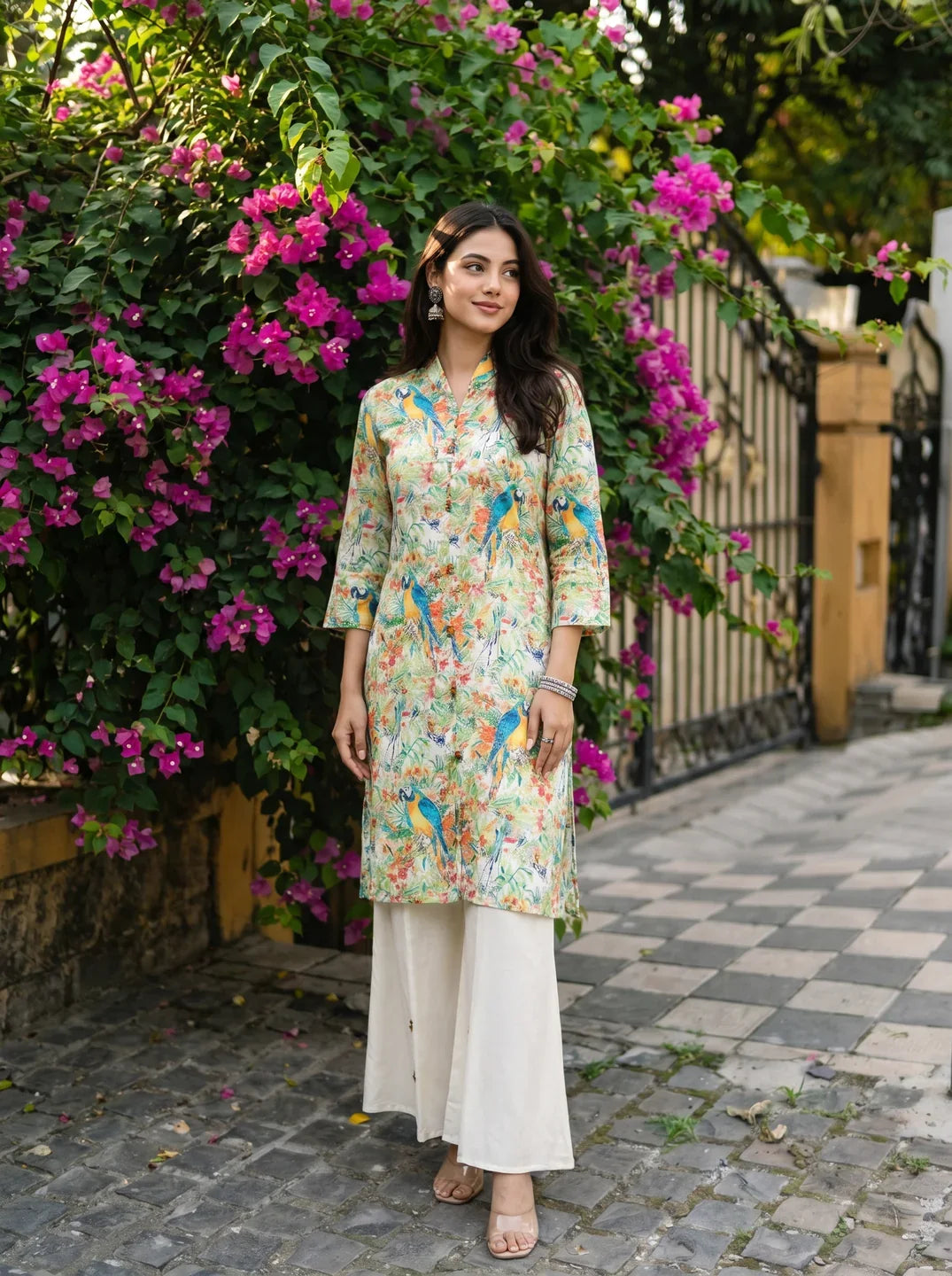Off White Scenic Birds Printed Kurta With Flared Pants