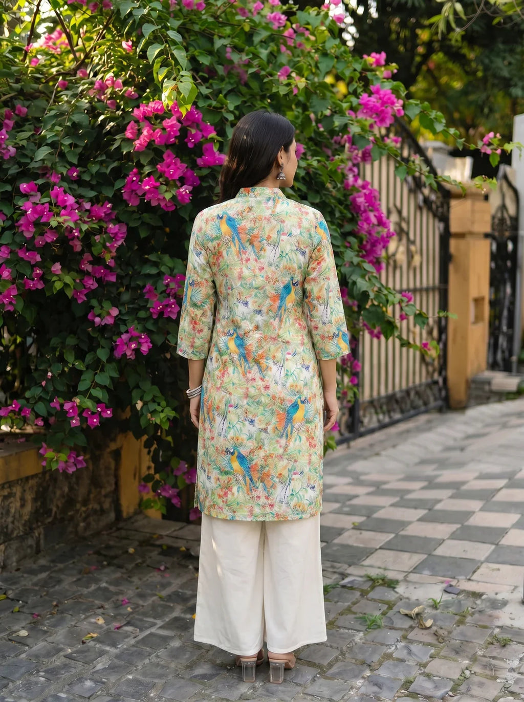 Off White Scenic Birds Printed Kurta With Flared Pants