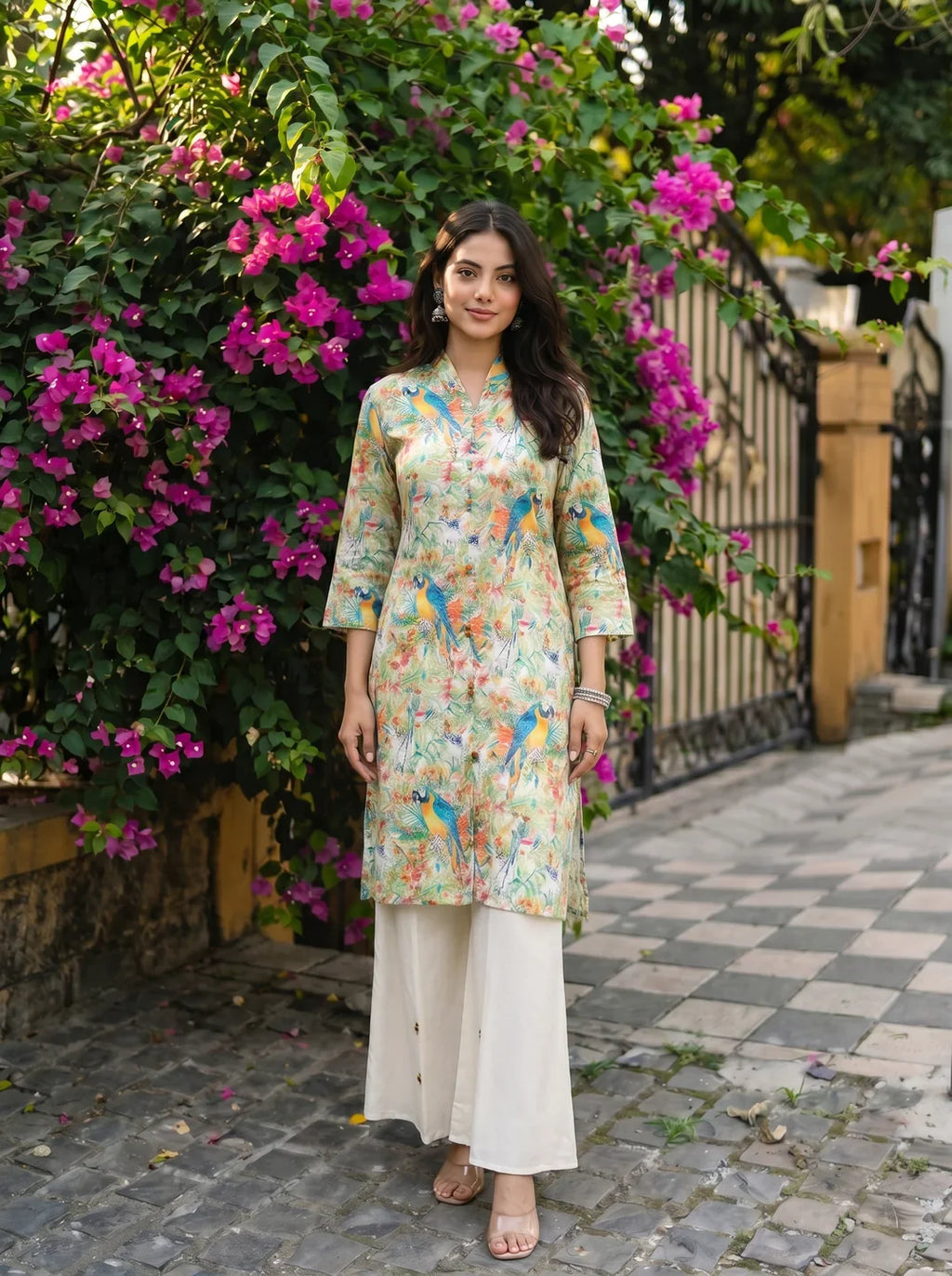 Off White Scenic Birds Printed Kurta With Flared Pants