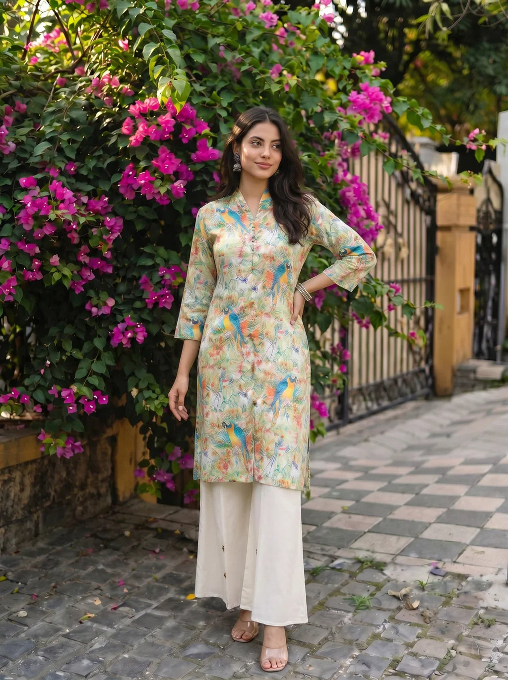 Off White Scenic Birds Printed Kurta With Flared Pants