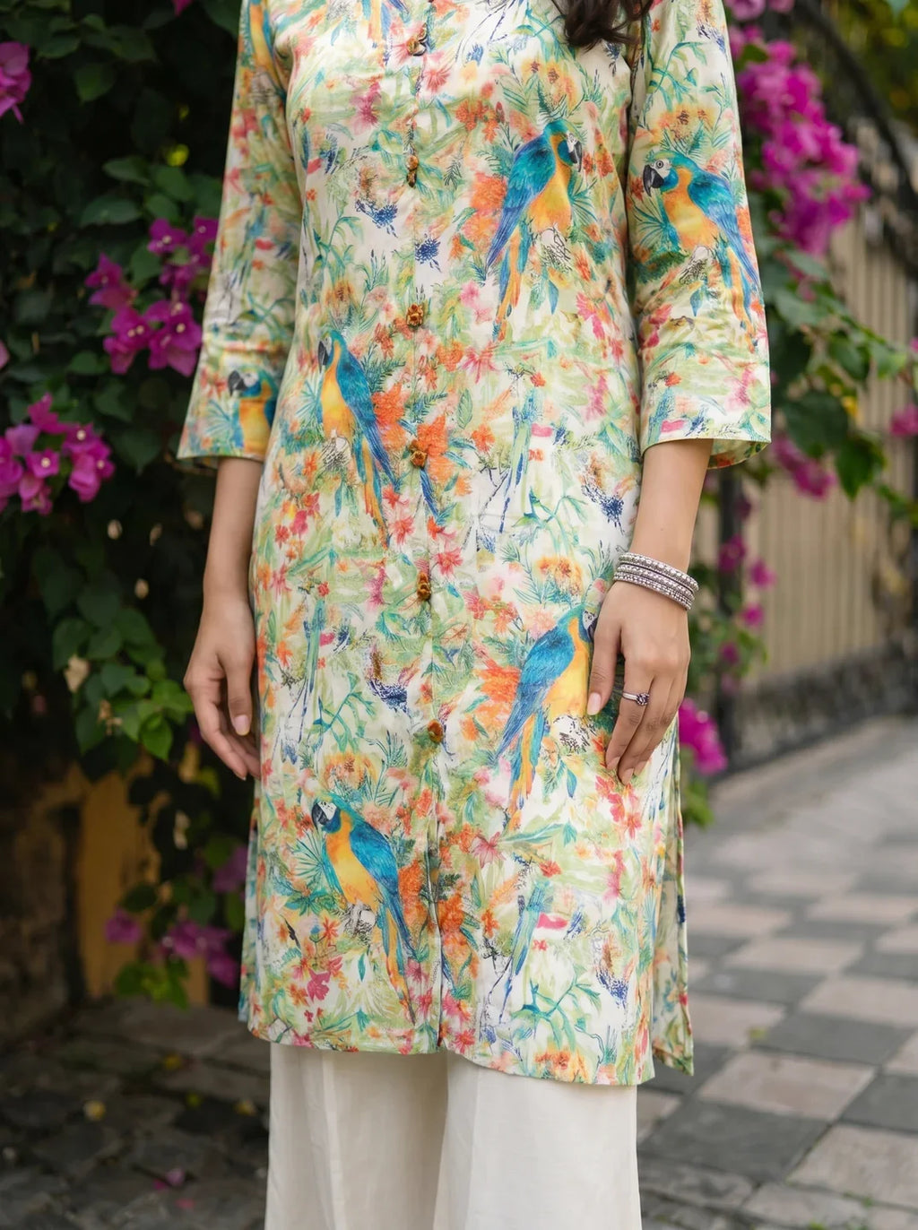 Off White Scenic Birds Printed Kurta With Flared Pants