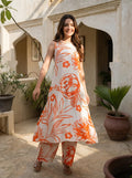 Light Peach & Orange Bold Floral Sleeveless Kurta Set in Russian Silk