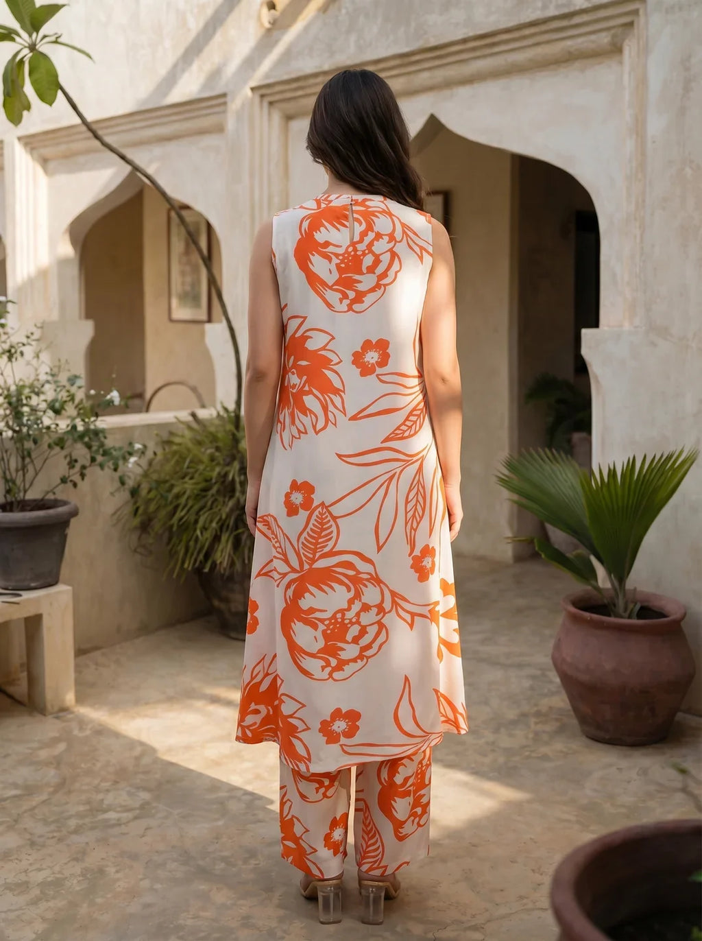 Light Peach & Orange Bold Floral Sleeveless Kurta Set in Russian Silk