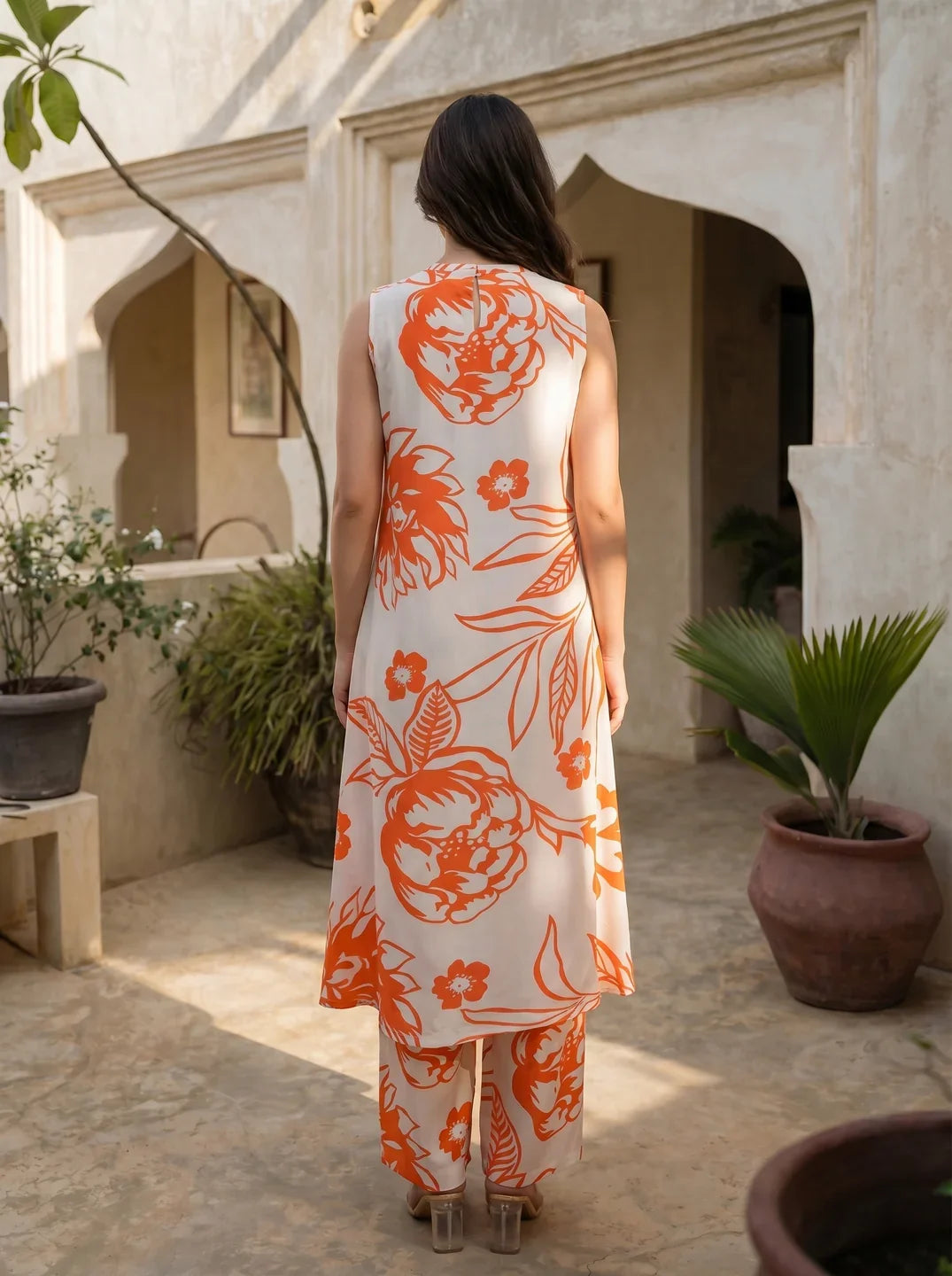 Light Peach & Orange Bold Floral Sleeveless Kurta Set in Russian Silk