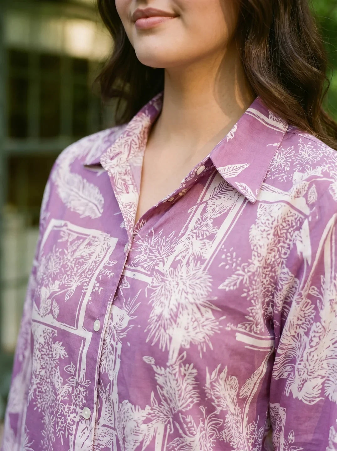 Violet Abstract Patch Print Co-Ord Set in Cotton Cambric