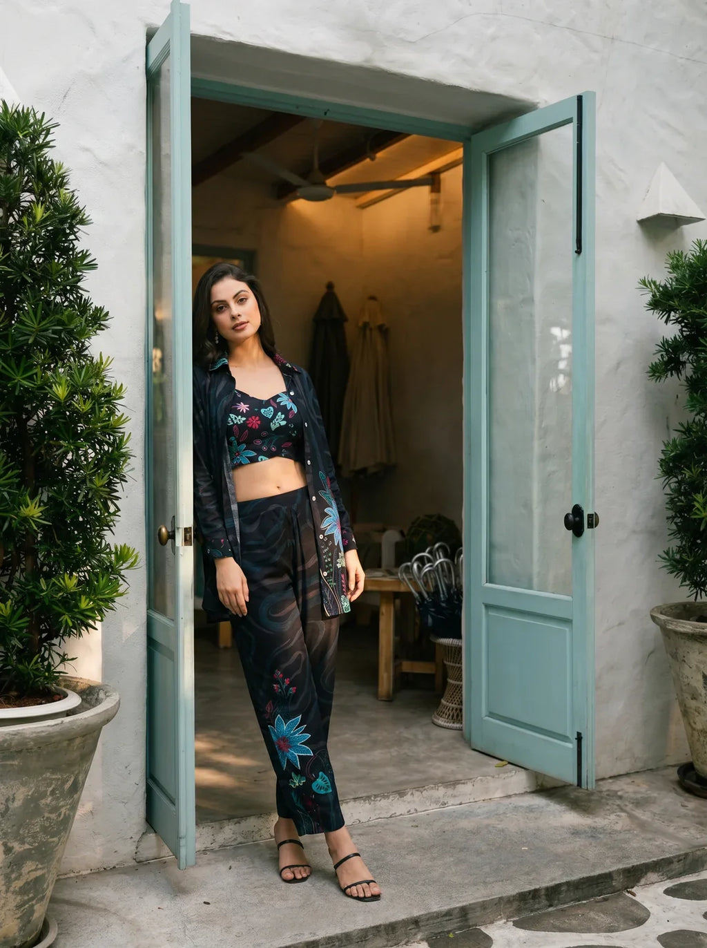 Black Sequins 3 Piece Co-Ord Set With Camisole