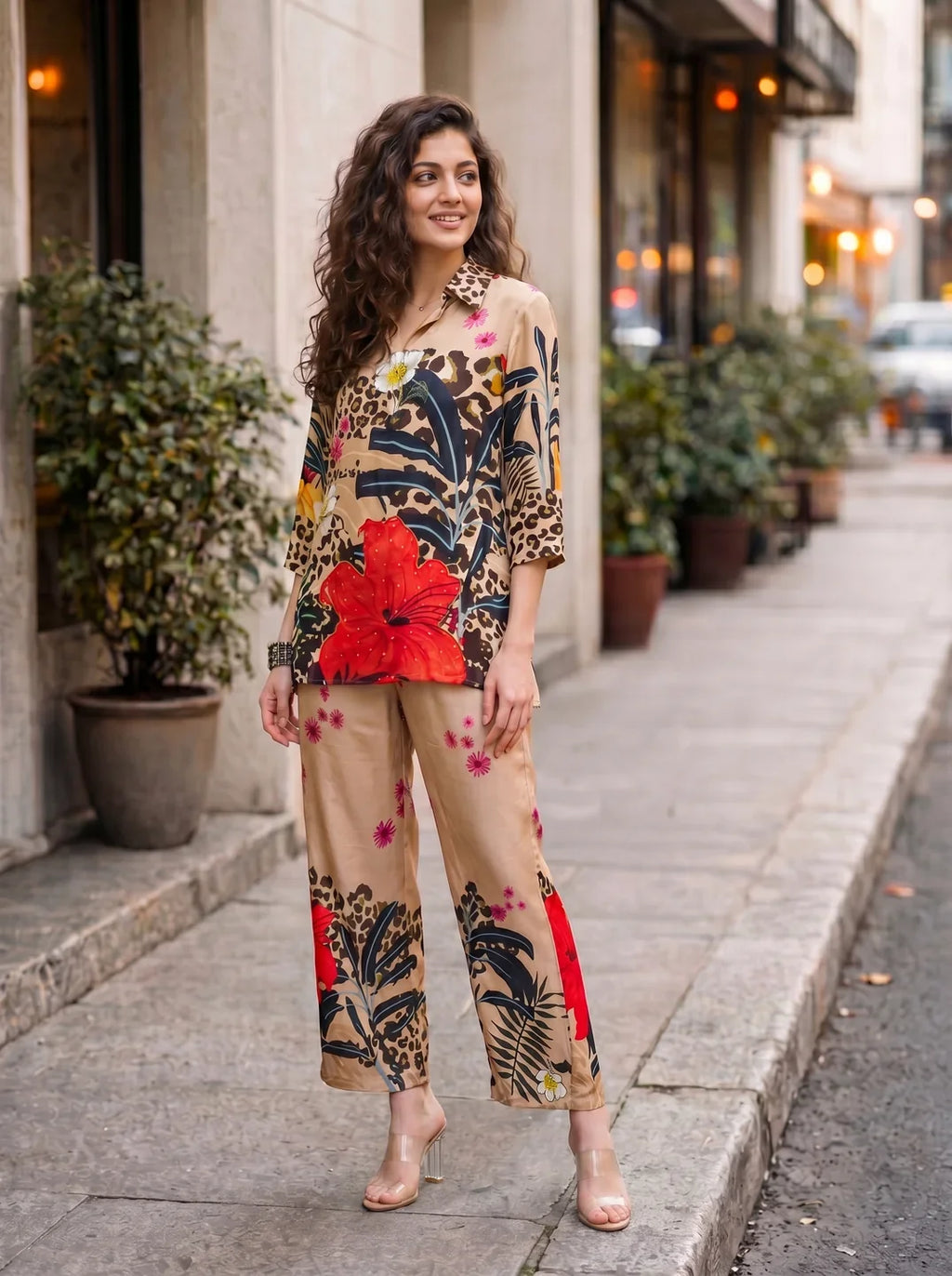 Multicolor Base Leopard & Floral Multicolor Co-ord Set