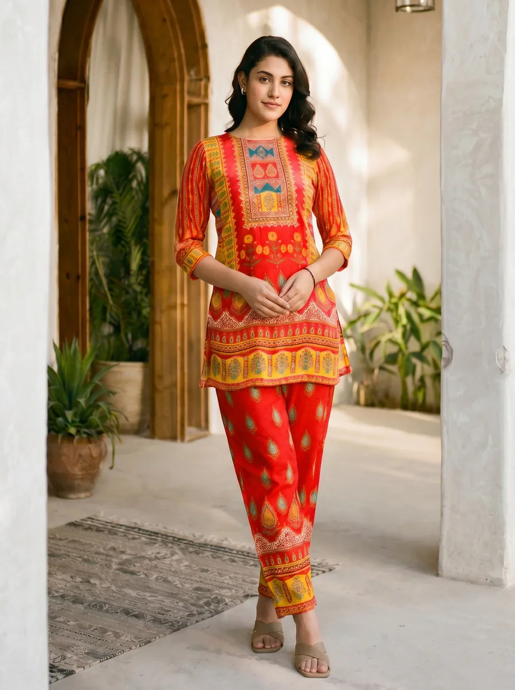 Red Multicolor Printed & Embellished Co-ord Set in Crepe
