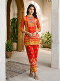 Red Multicolor Printed & Embellished Co-ord Set in Crepe