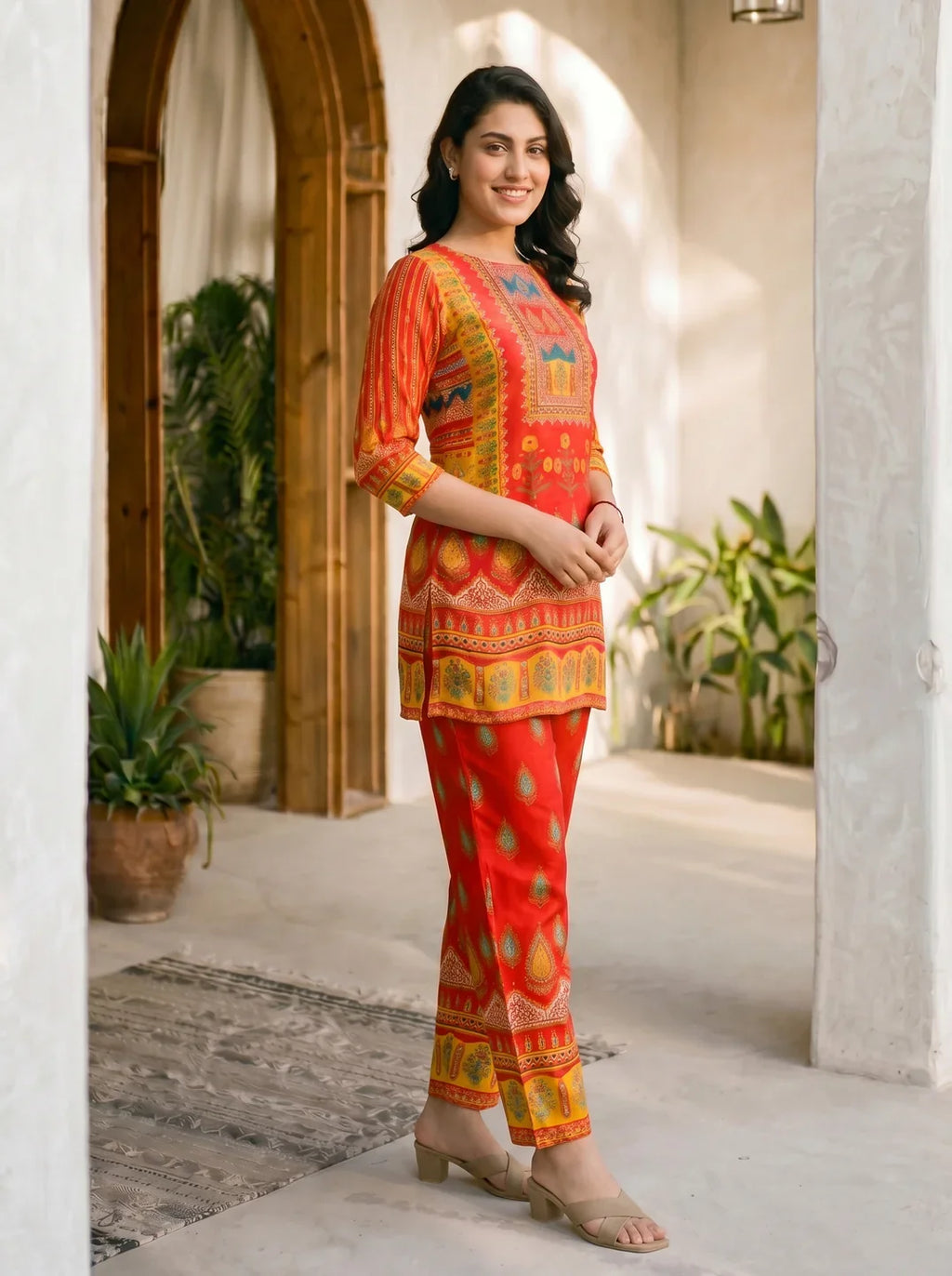 Red Multicolor Printed & Embellished Co-ord Set in Crepe