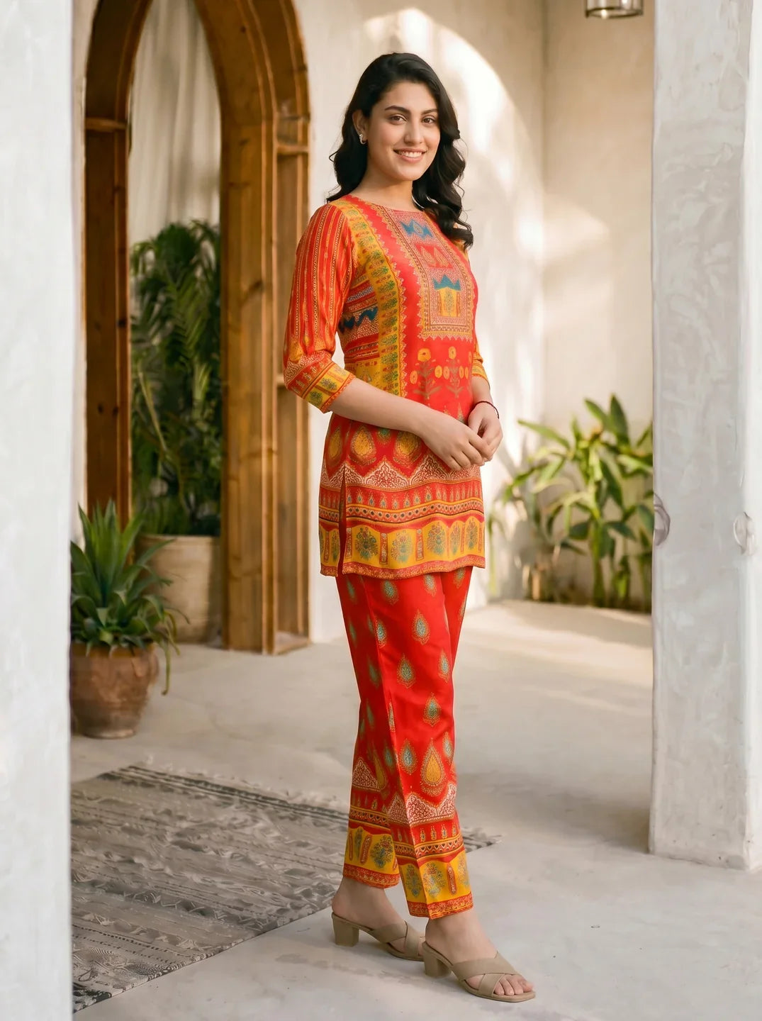 Red Multicolor Printed & Embellished Co-ord Set in Crepe