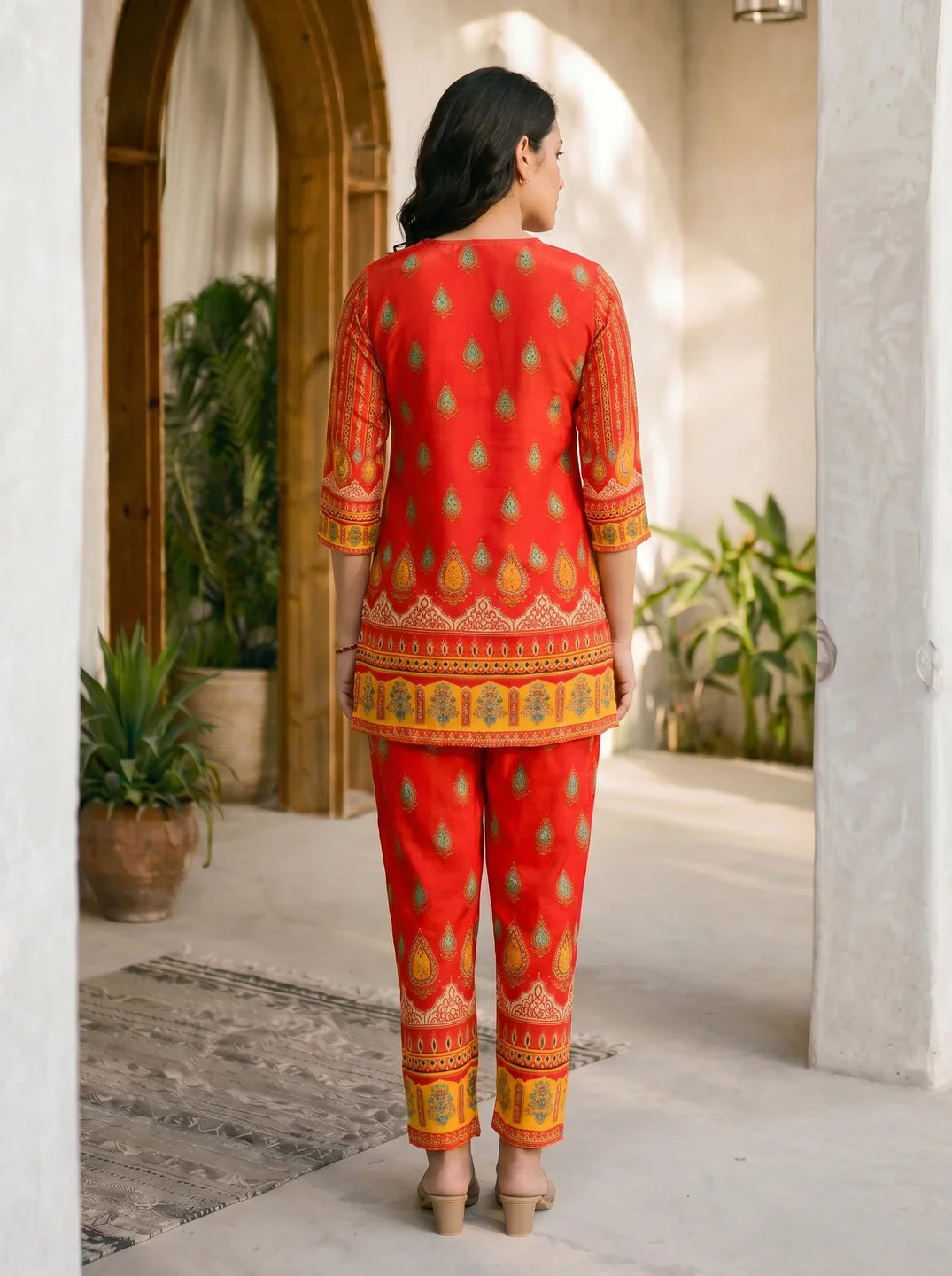 Red Multicolor Printed & Embellished Co-ord Set in Crepe