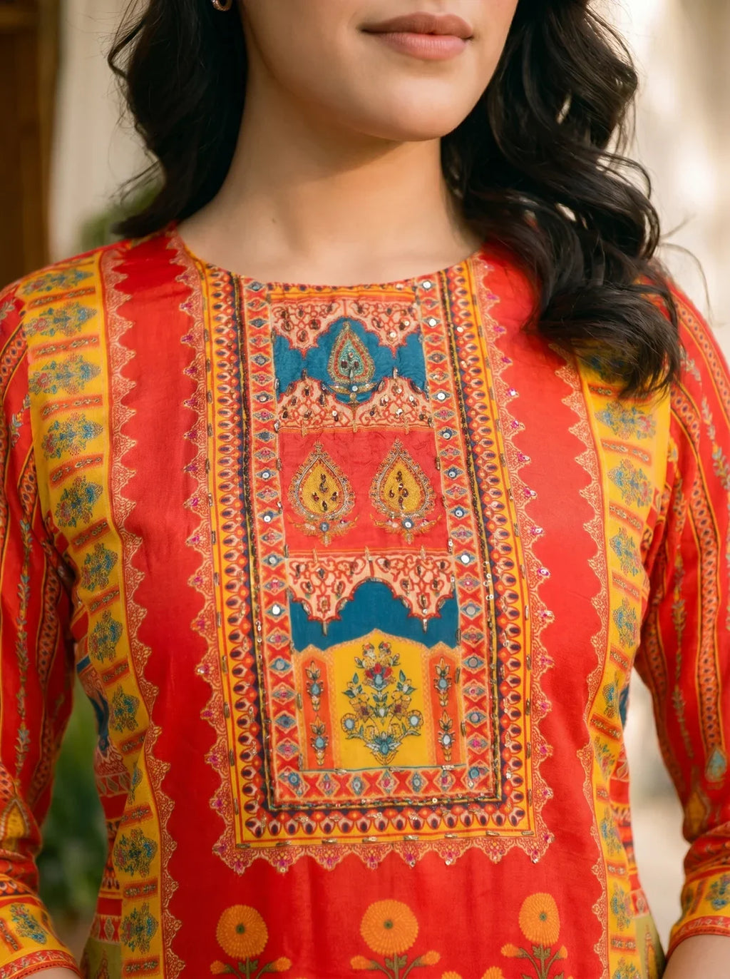 Red Multicolor Printed & Embellished Co-ord Set in Crepe
