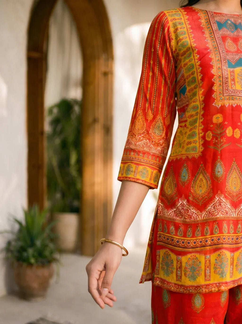 Red Multicolor Printed & Embellished Co-ord Set in Crepe