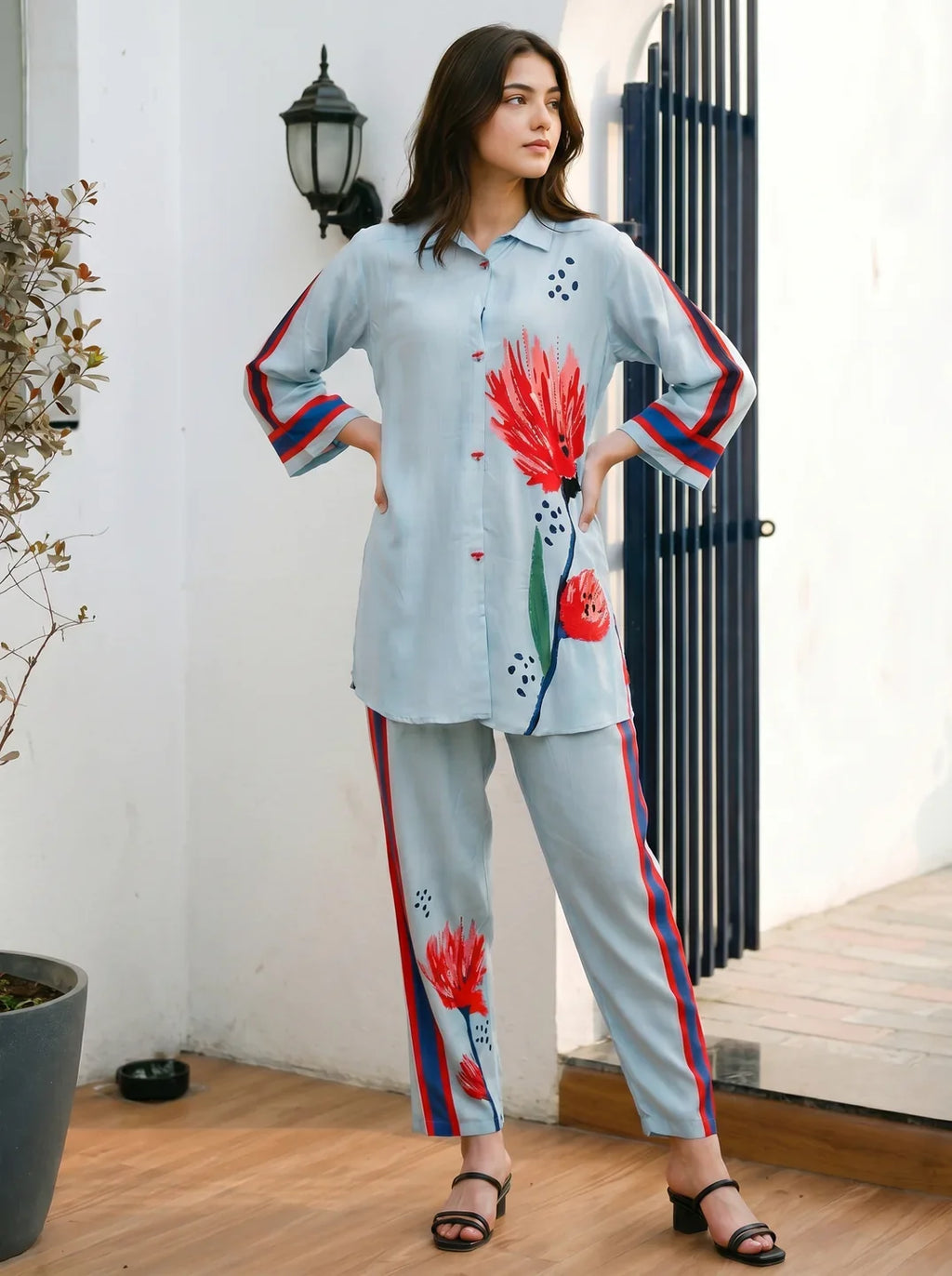 Sky Blue Artistic Floral Stripe Co-ord Set in Crepe