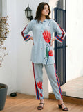 Sky Blue Artistic Floral Stripe Co-ord Set in Crepe