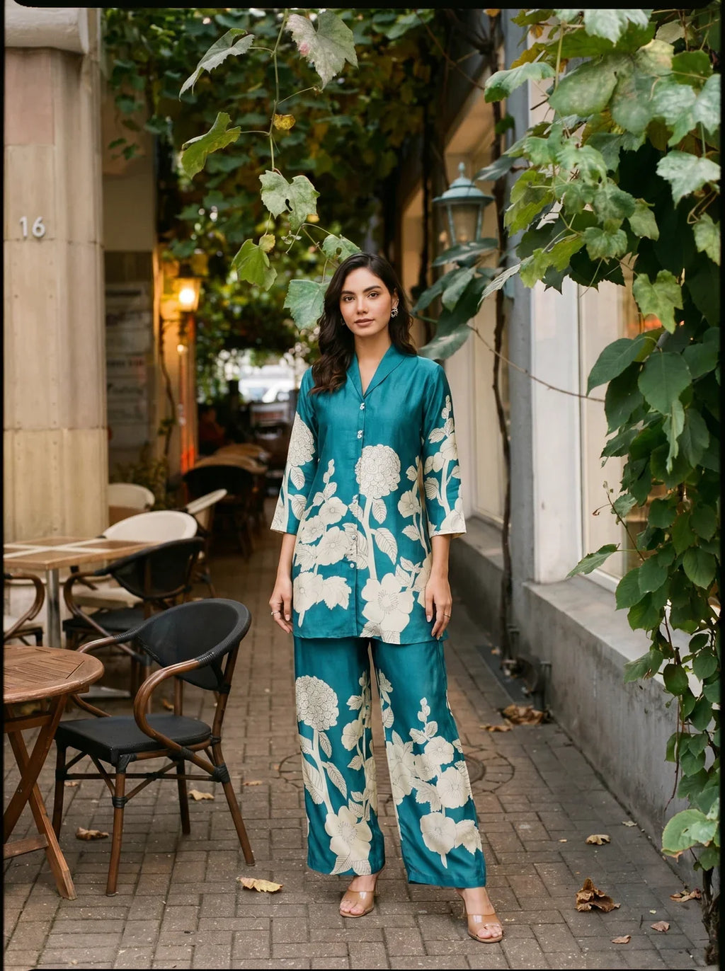 Teal Blue Bold Palm Russian Silk Print Co-Ord Set