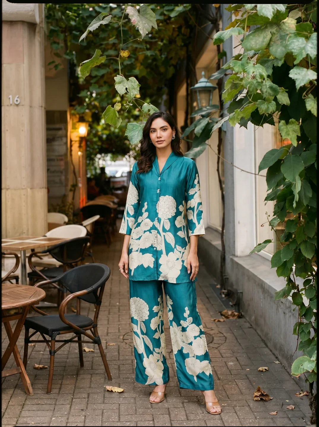 Teal Blue Bold Palm Russian Silk Print Co-Ord Set