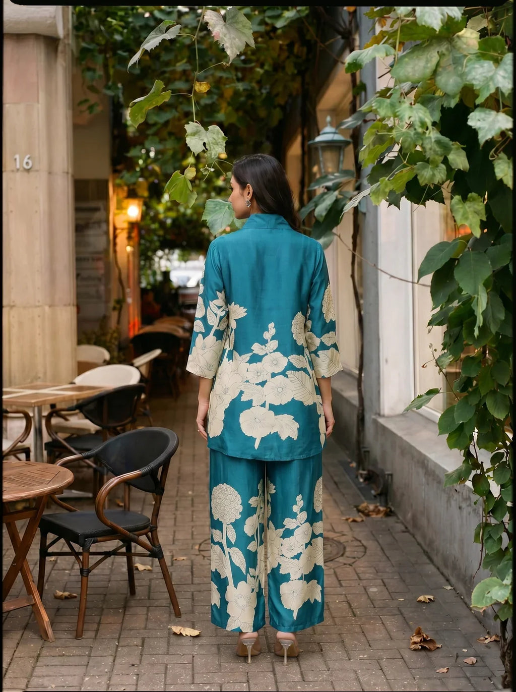 Teal Blue Bold Palm Russian Silk Print Co-Ord Set