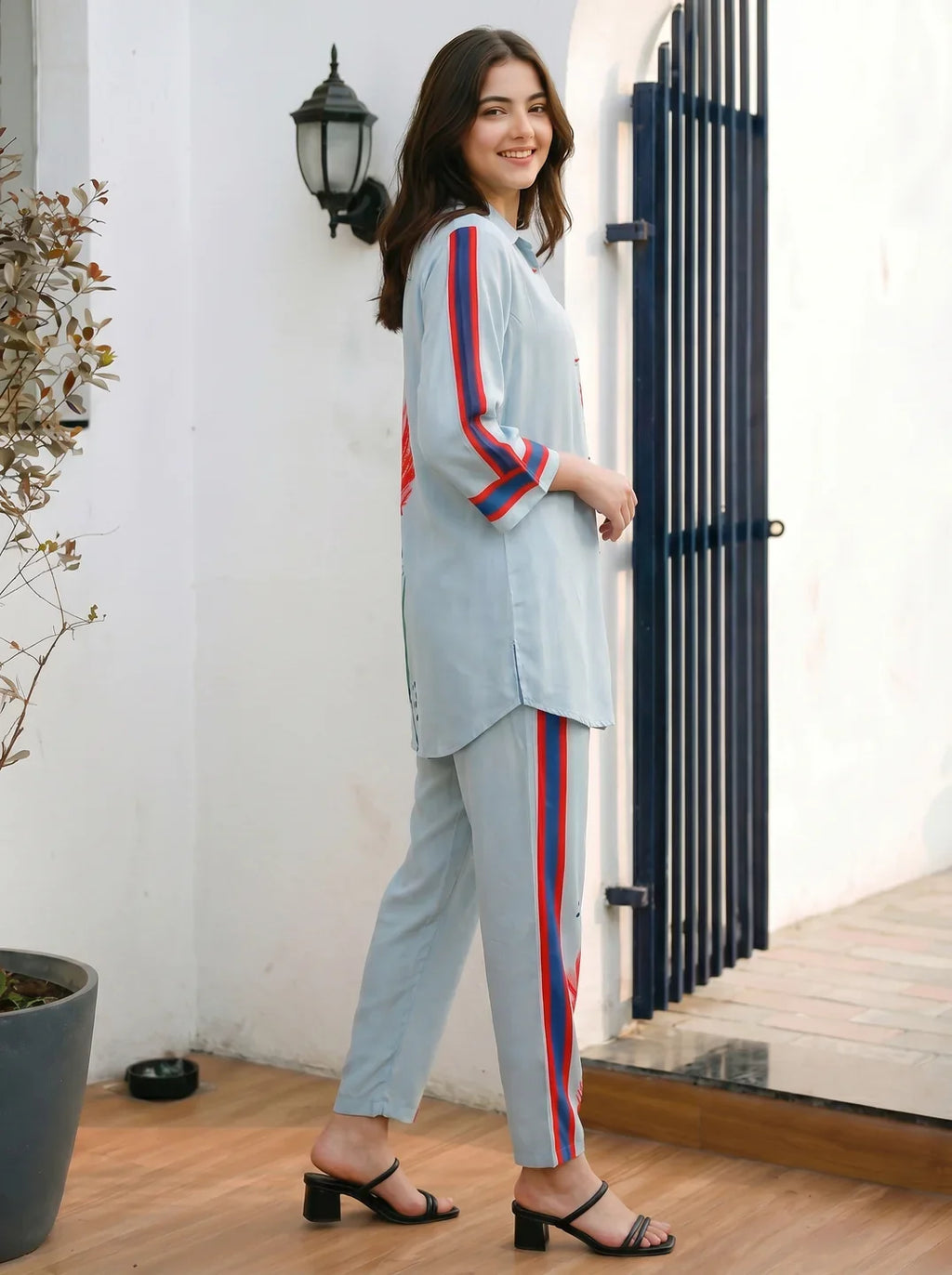 Sky Blue Artistic Floral Stripe Co-ord Set in Crepe