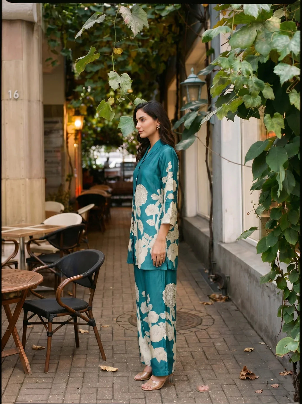Teal Blue Bold Palm Russian Silk Print Co-Ord Set