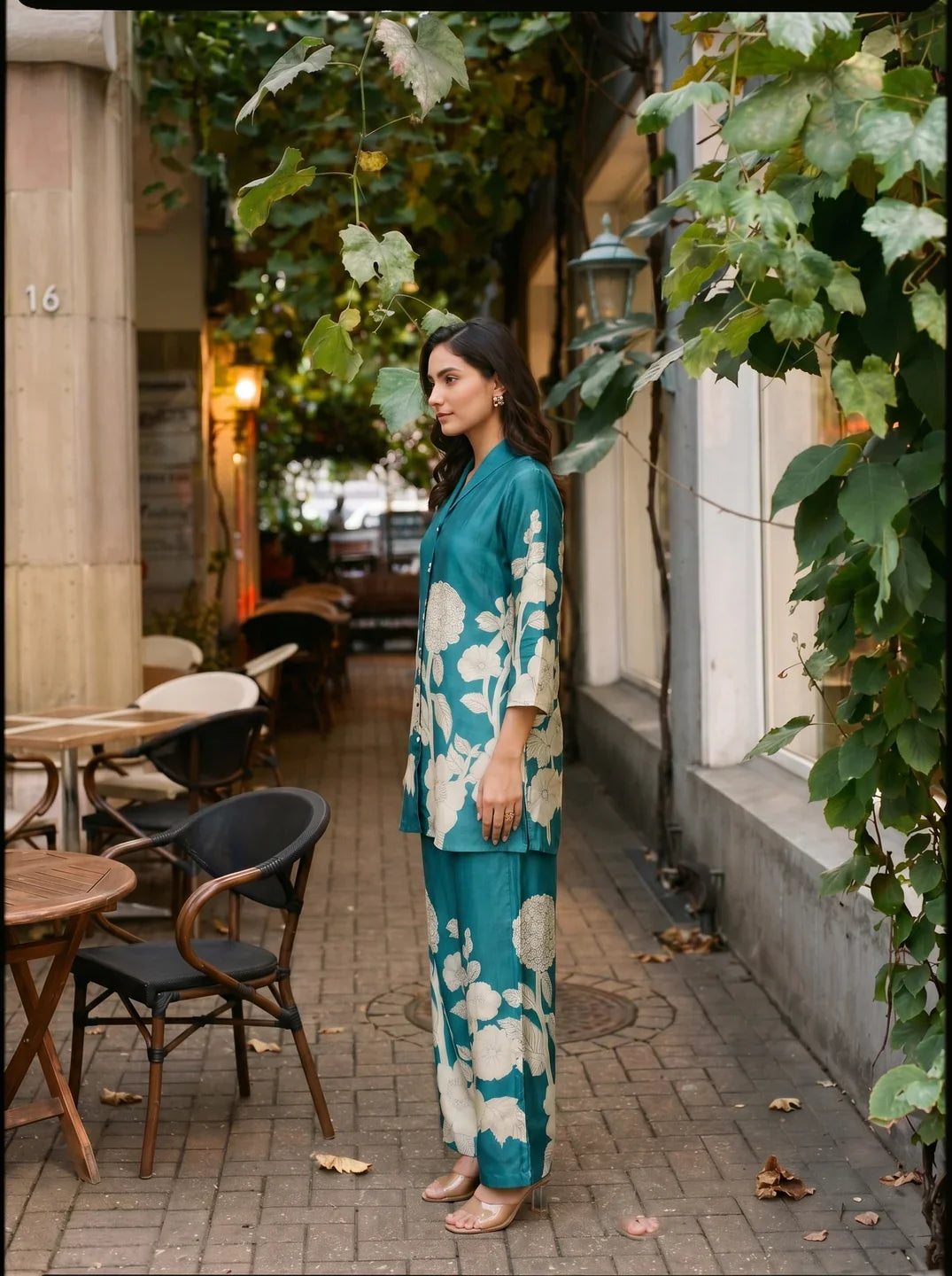 Teal Blue Bold Palm Russian Silk Print Co-Ord Set