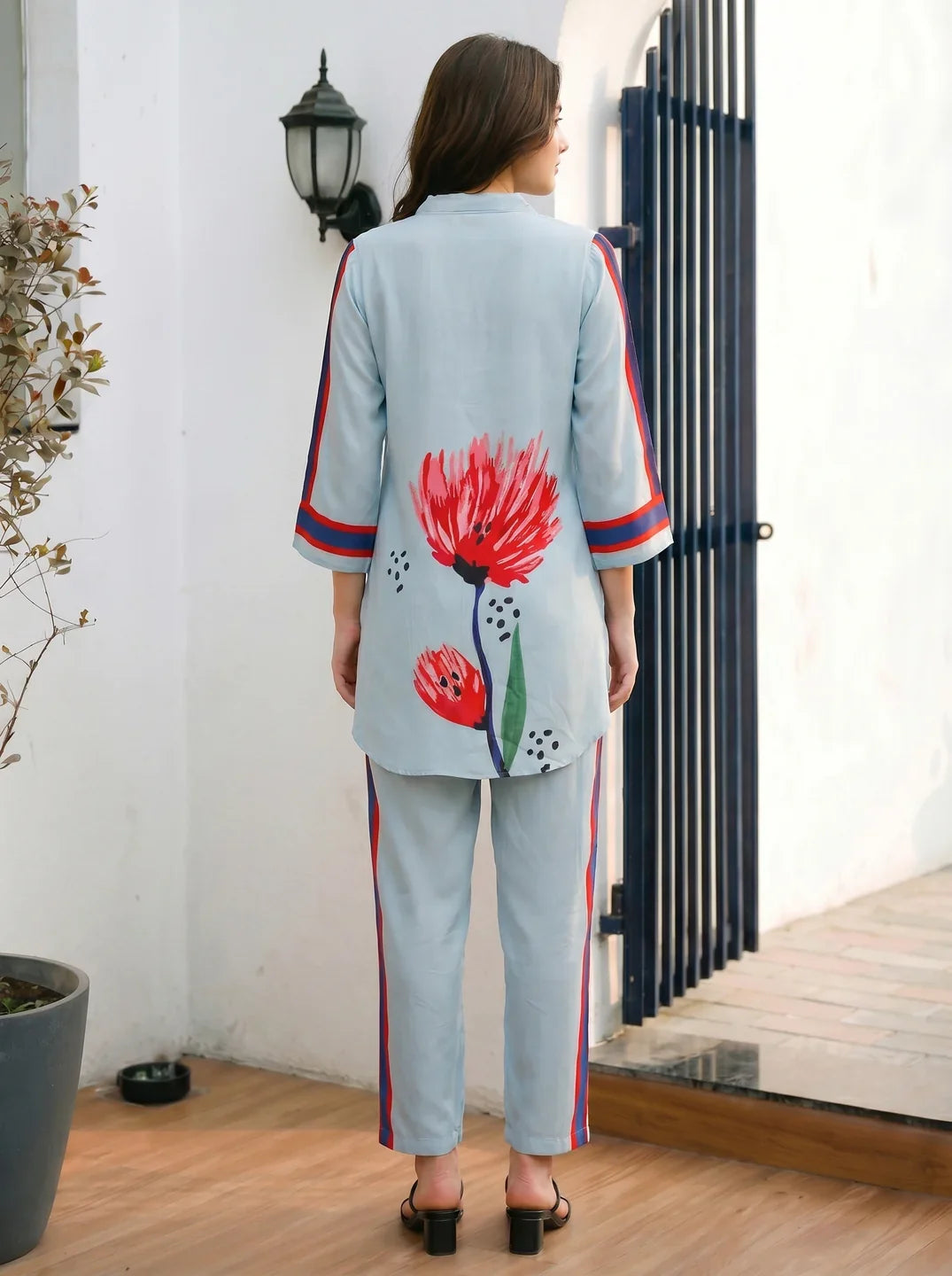 Sky Blue Artistic Floral Stripe Co-ord Set in Crepe