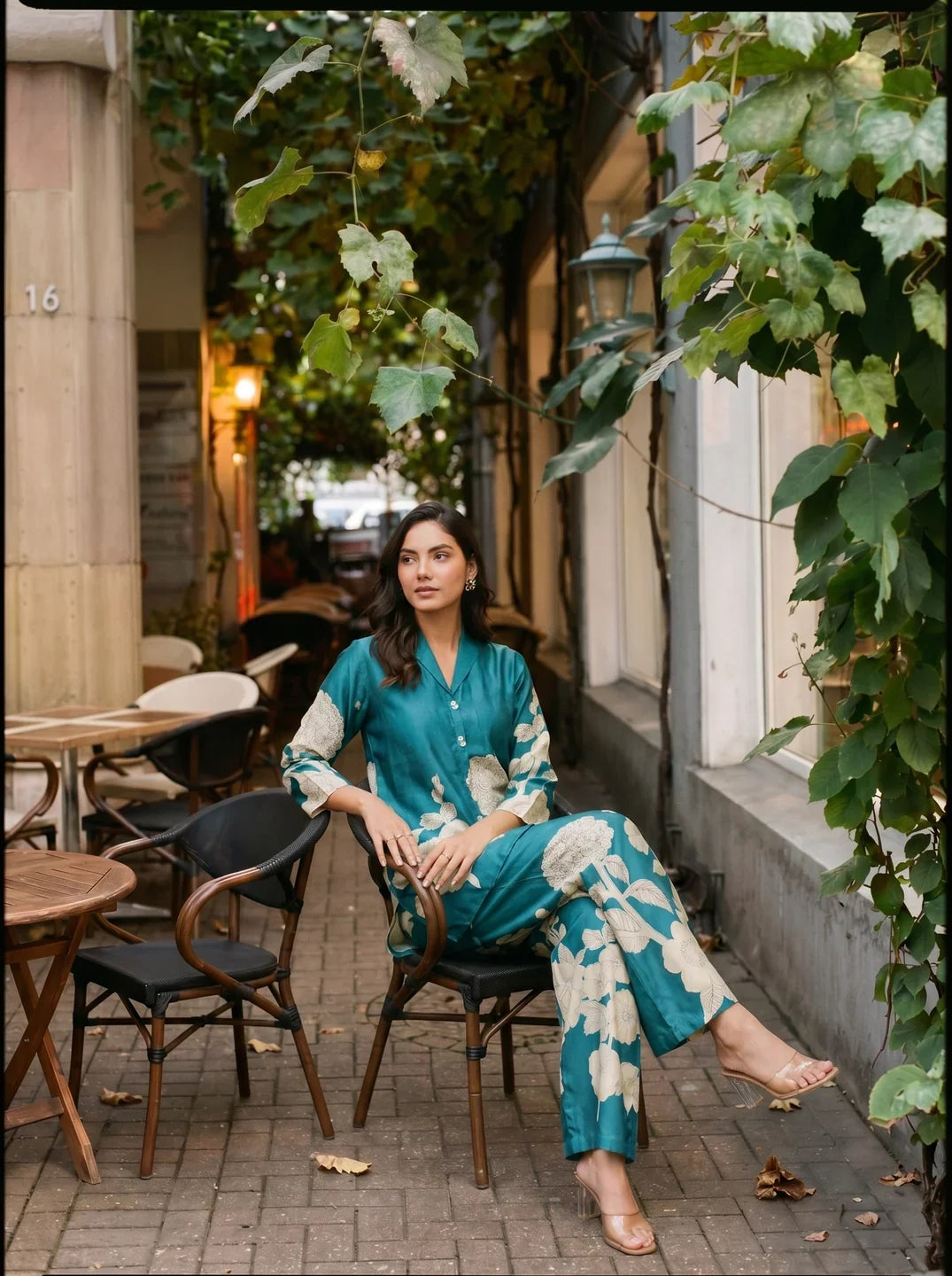 Teal Blue Bold Palm Russian Silk Print Co-Ord Set