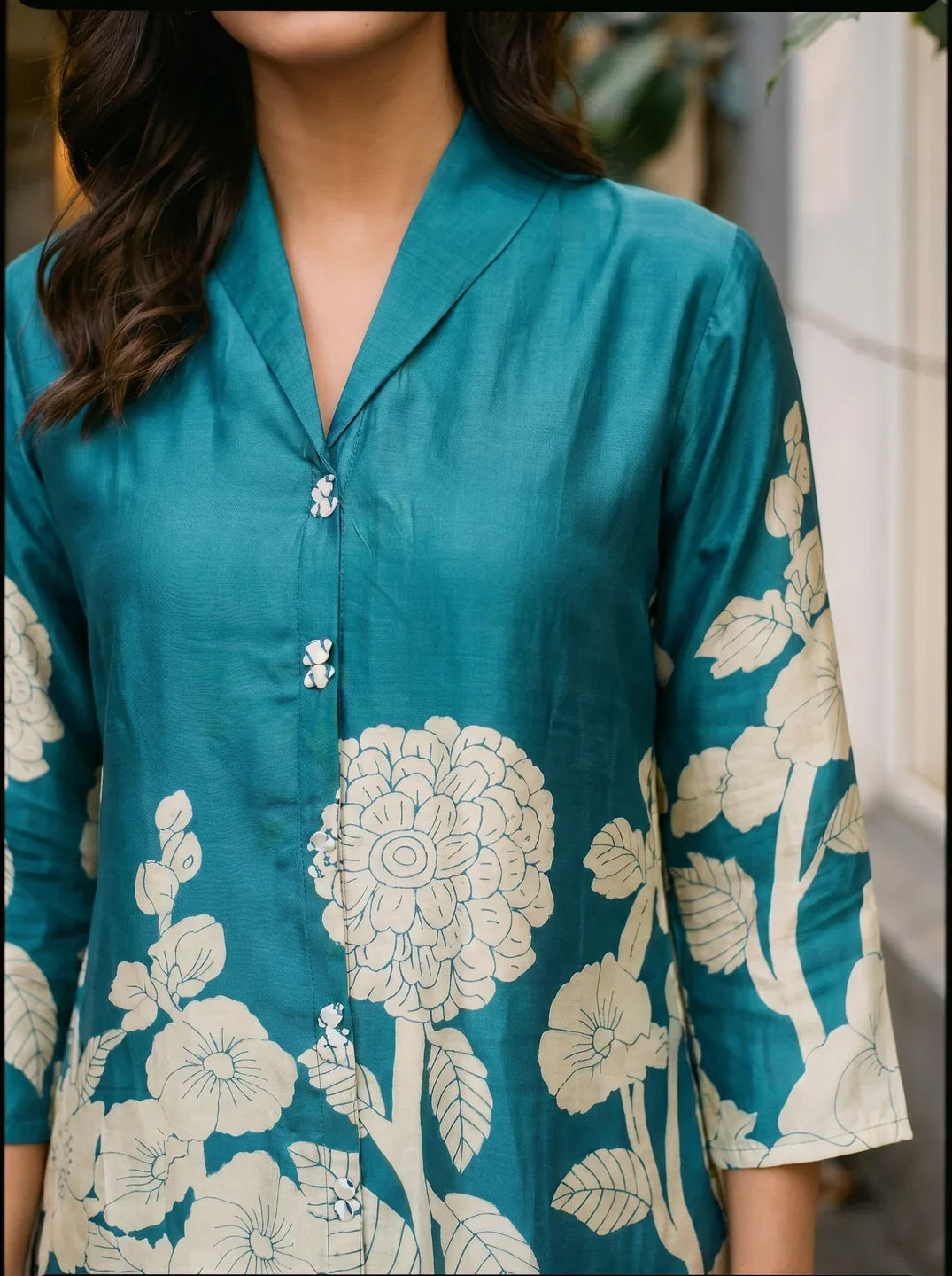 Teal Blue Bold Palm Russian Silk Print Co-Ord Set