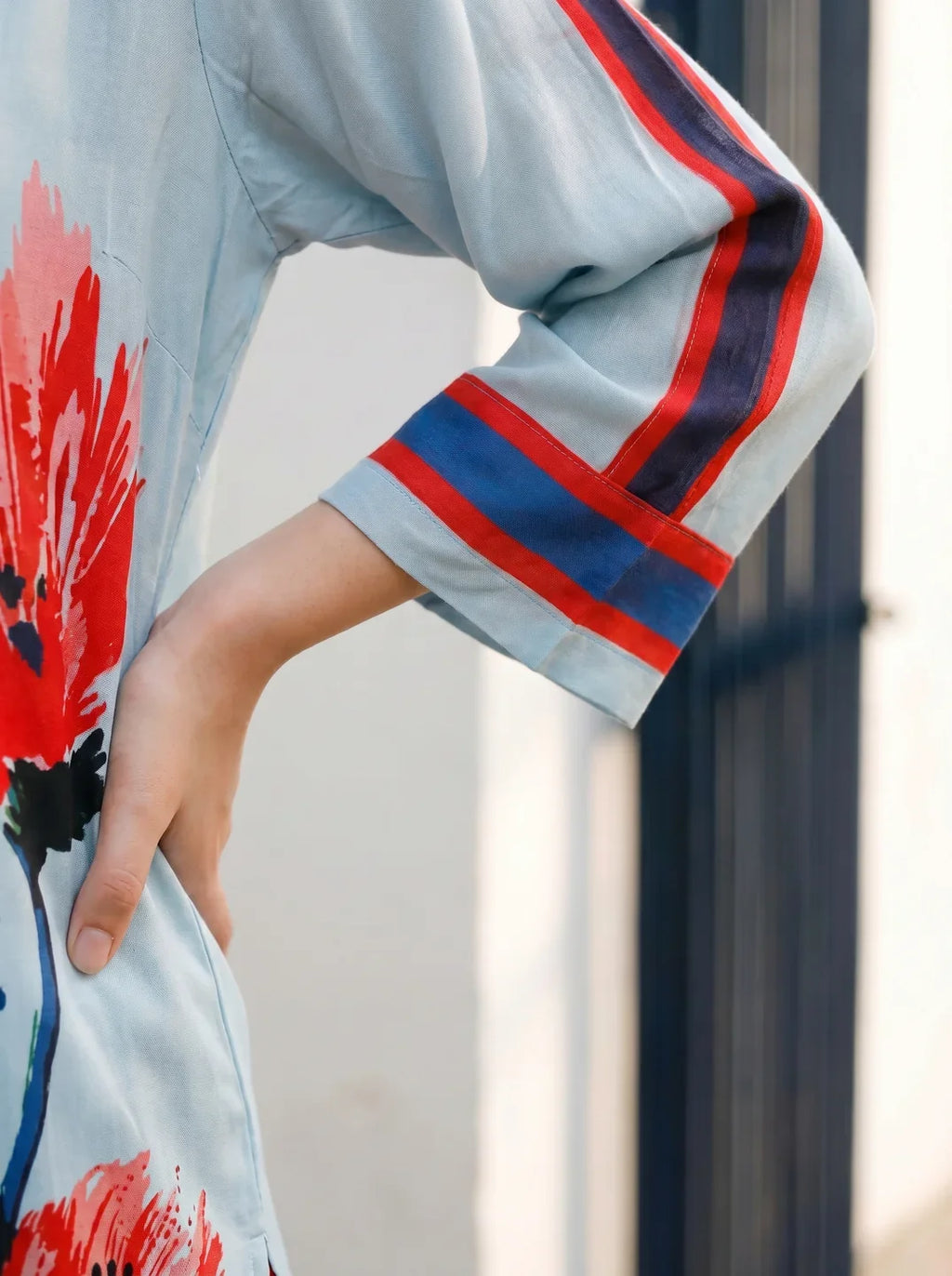 Sky Blue Artistic Floral Stripe Co-ord Set in Crepe