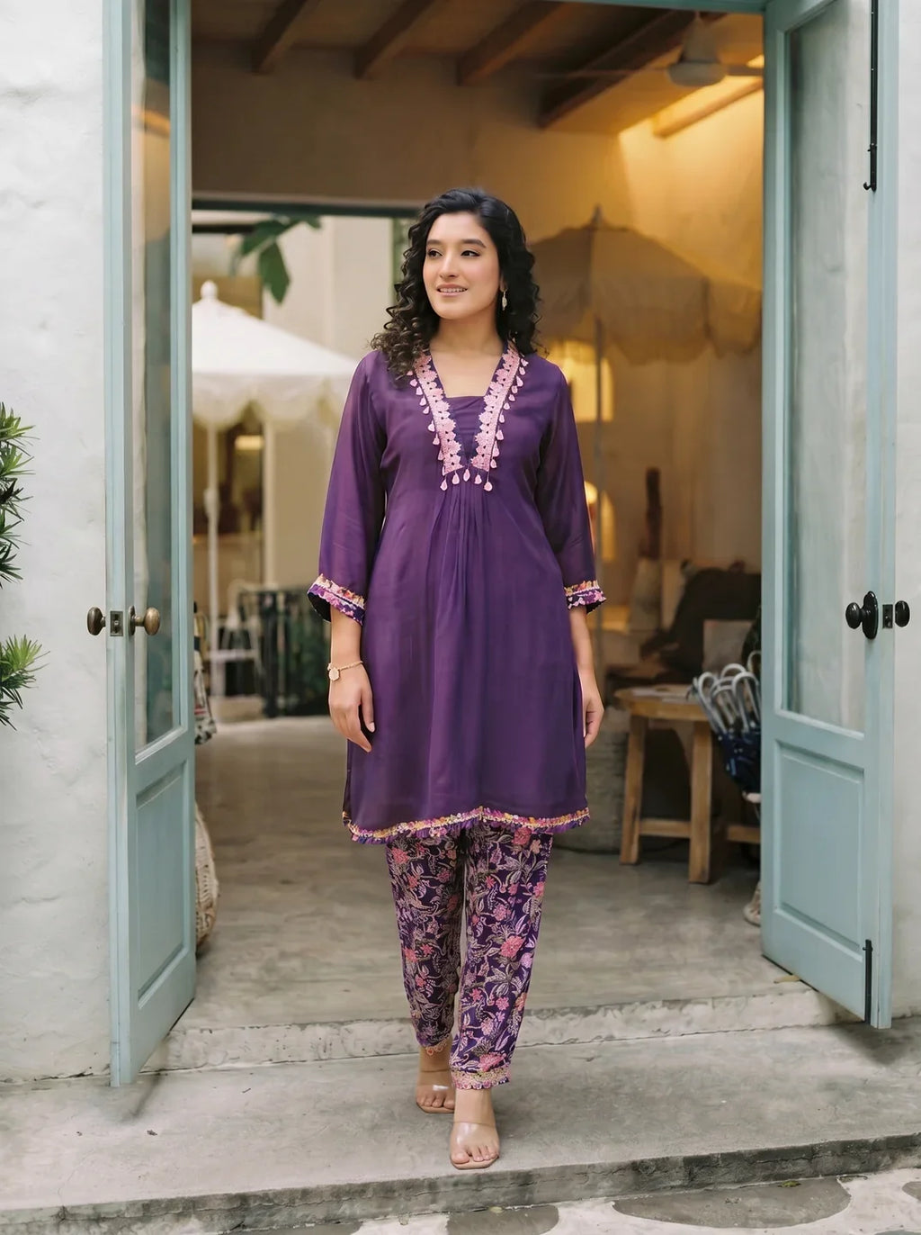 Eggplant Purple Kurta Set with Cowrie Shell Detailing & Floral Chinnon Pants